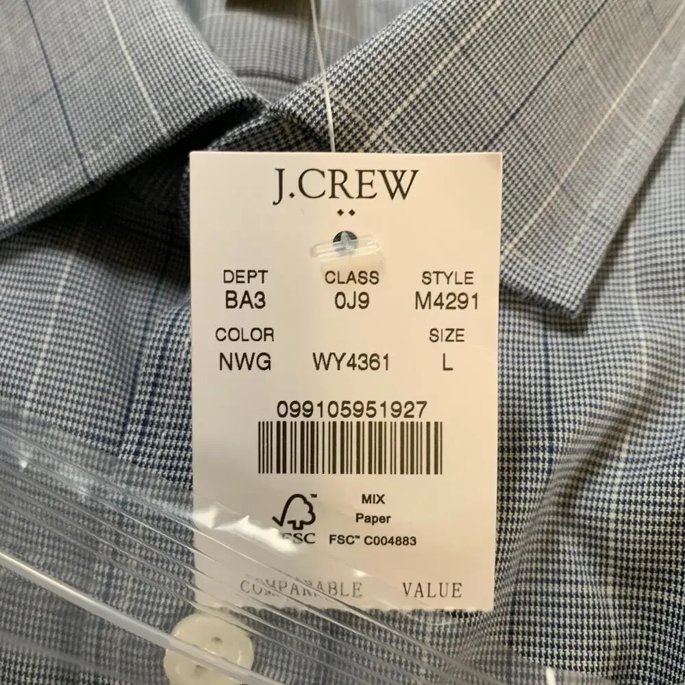 J Crew Shirt Men's Large Blue Slim Flex Wrinkle Free Micro Check Long Sleeve NEW